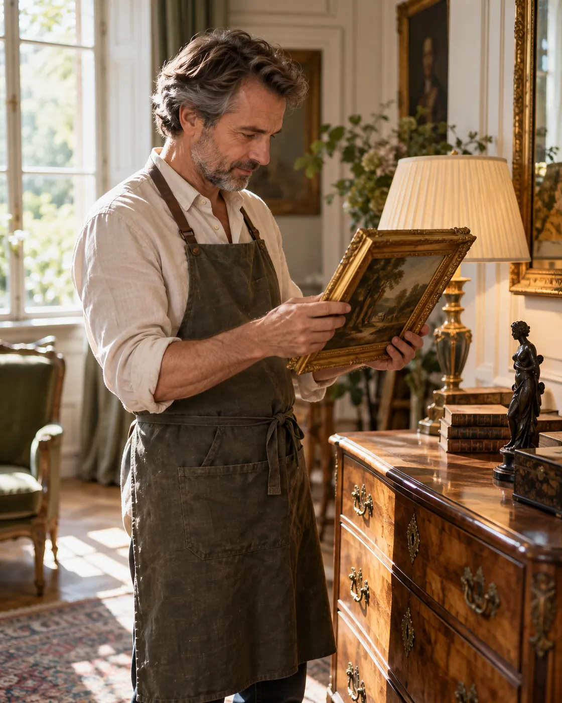 Antiquaire examinant un tableau ancien dans le salon d’une maison bourgeoise