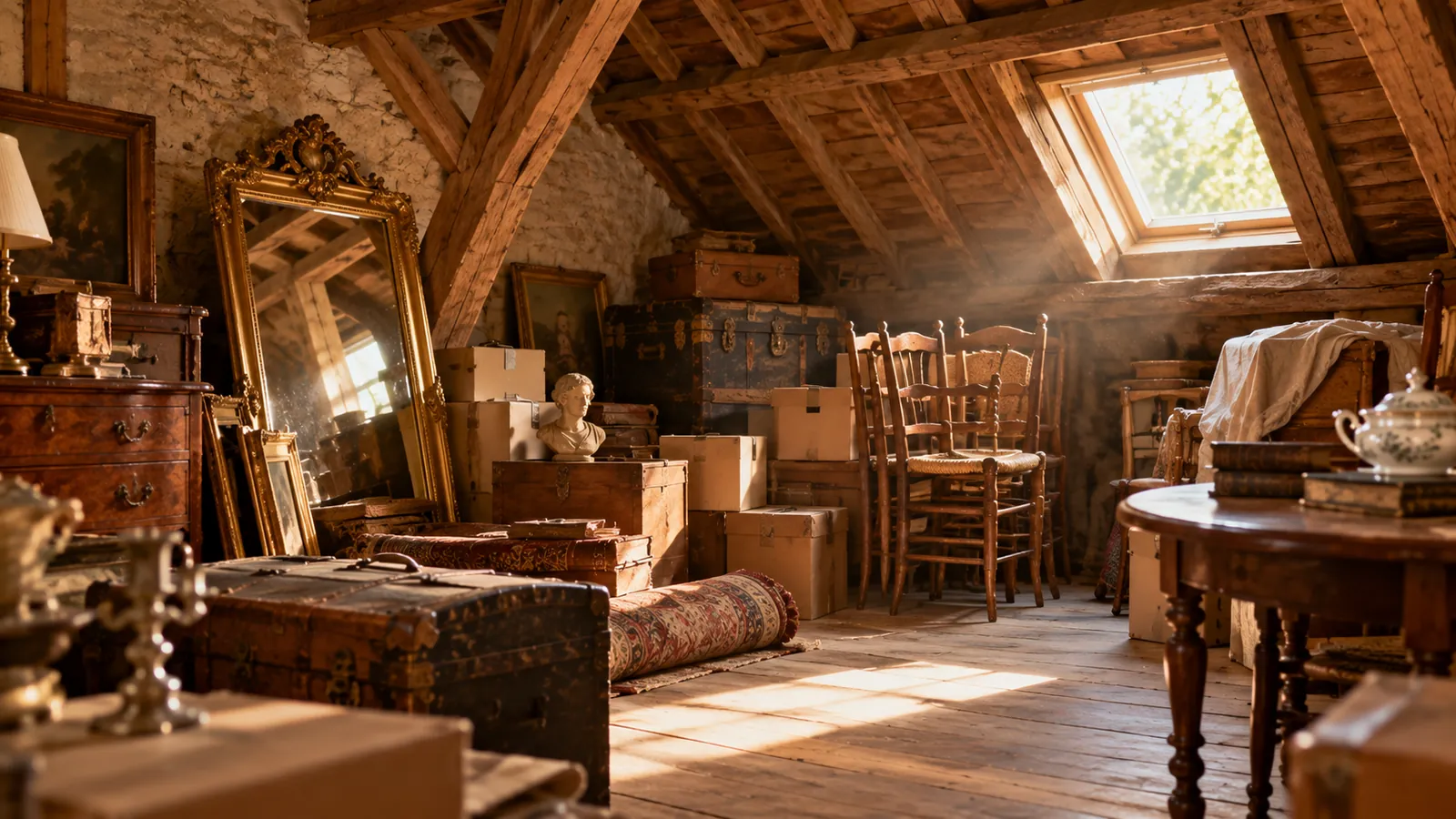 Grenier sous les toits avec des malles anciennes, des chaises et un miroir doré