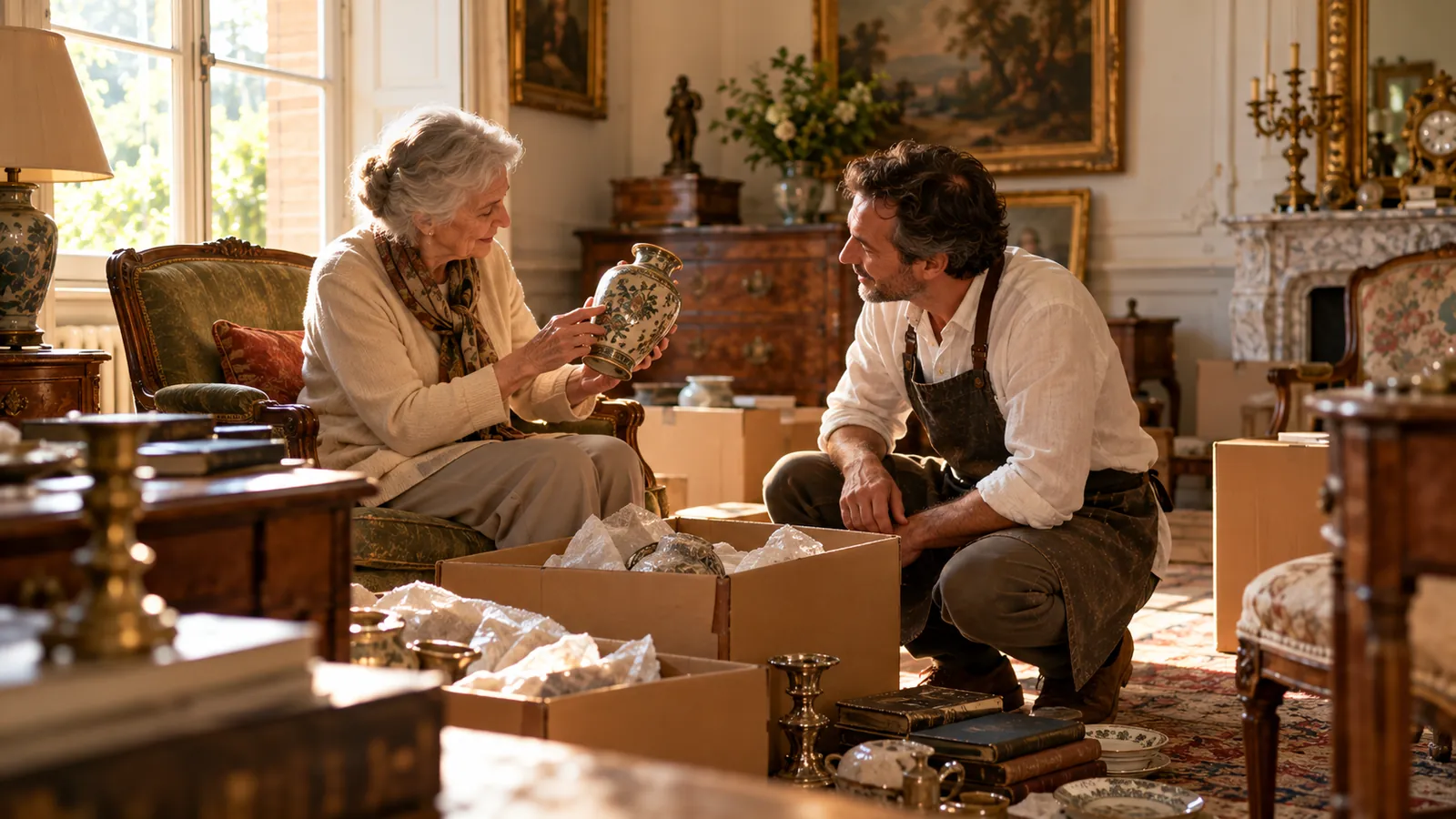 Une dame âgée montre un vase ancien à l’antiquaire, au milieu des cartons