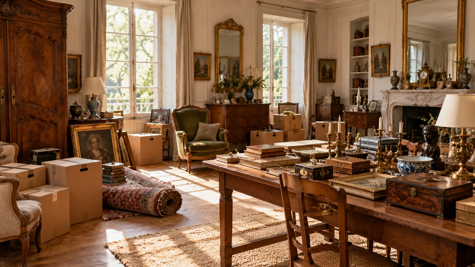 Salon ancien en cours de tri avant un débarras, avec des cartons étiquetés