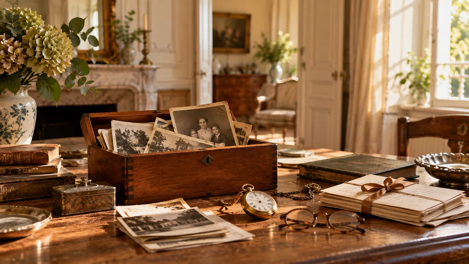 Photos de famille, lettres et montre à gousset posées avec soin sur une table