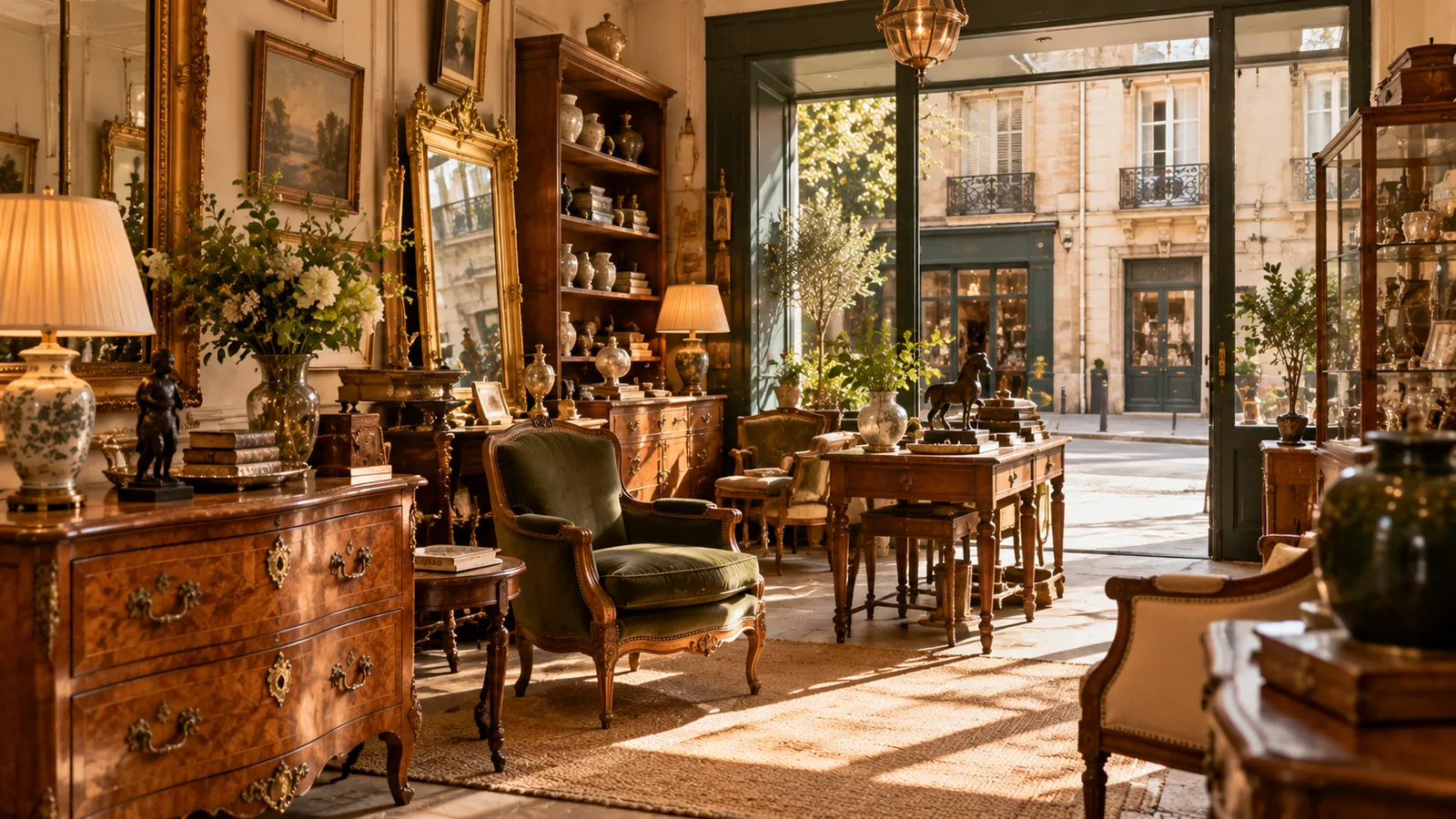 Boutique d’antiquaire avec commodes, fauteuils en velours et miroirs dorés