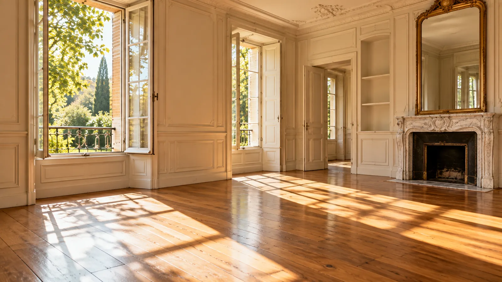 Pièce vide et propre, parquet ciré éclairé par le soleil